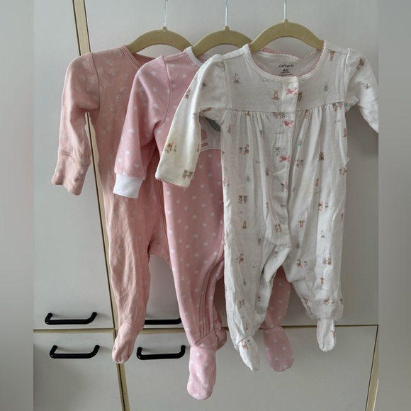 Baby Pyjamas Footies Pink and White 6 Months Pack of 3 Girlhood Coton Fleece - Picture 1 of 4